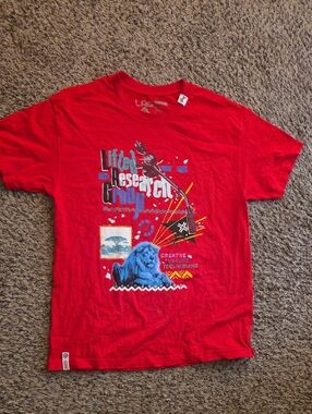 LRG Red Tee with Blue Lion and Multicolor Graphic
